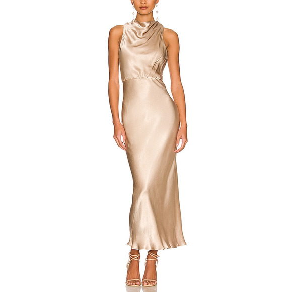 Shona Joy 'La Lune' Gold Lenzing Ecovero High Neck Midi Dress Size 4 - Picture 1 of 5